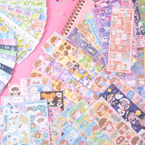 Vista 5 de HINZIC 60 hojas de calcomanías de corazón Kpop para fotocartas, calcomanías decorativas Kawaii conejo oso, calcomanías coreanas autoadhesivas