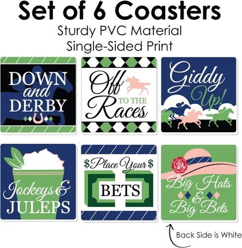 Vista 4 de Big Dot of Happiness Kentucky Horse Derby - Divertidas decoraciones de fiesta de carreras de caballos - Posavasos para bebidas - Juego de 6