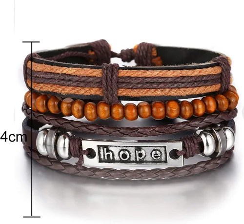 Vista 4 de Hubbering Hope - Pulsera de piel y cuentas de varias capas 3 piezas