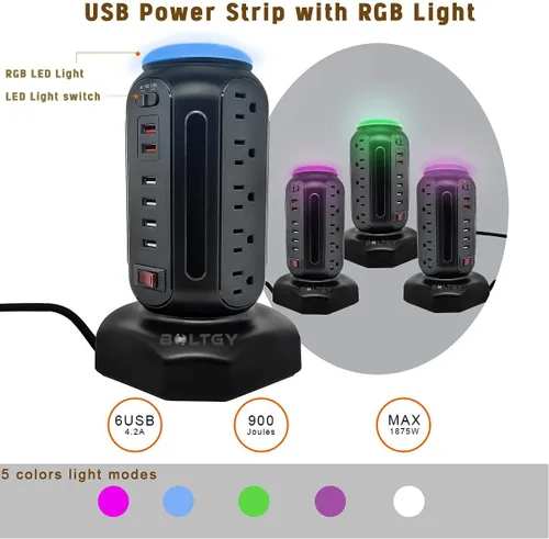Vista 3 de Estación de carga rápida total de enchufe plano, protector con 15 salidas de CA y 6 puertos USB (2 de carga rápida), regleta de alimentación