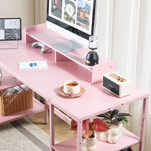 Vista 4 de Escritorio para computadora de 55 pulgadas con estante de almacenamiento - Rosa, ideal para dormitorios, espacios pequeños y oficinas en casa