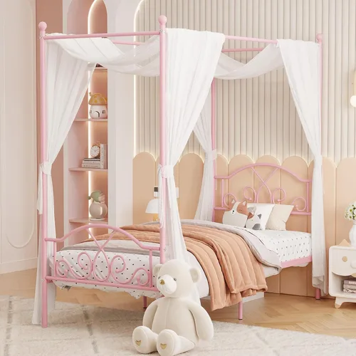 Vista 9 de Weehom - Estructura de cama con dosel individual, con cabecero y pie de cama, cortinas de cuatro postes de metal, diseño de plataforma de cama