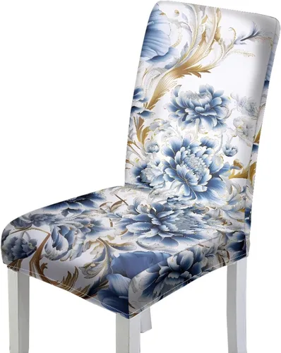 Vista 2 de Rnyleeg Juego de 1 fundas de asiento de comedor con estampado de flores azules para sillas de comedor, fundas protectoras suaves y lavables