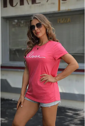 Vista 3 de NIUBIA Camiseta de manga corta con estampado de amor para mujer, camiseta holgada de verano