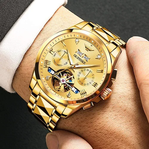 Vista 3 de OUPINKE - Reloj automático para hombre, diseño de esqueleto de diamante mecánico de cuerda automática, lujo, reloj de pulsera de cristal de zafiro