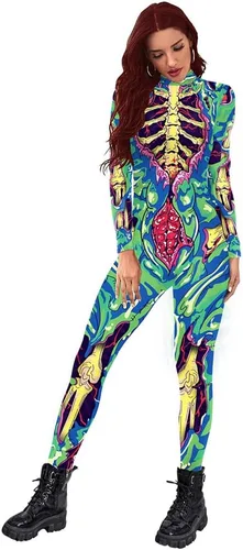 Vista 37 de Sister Amy Disfraz de esqueleto de calavera para mujer de Halloween, traje ajustado de una pieza J-colorido esqueleto