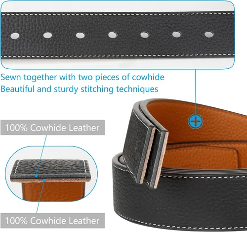 Vista 5 de JingHao Cinturones para hombres grandes y altos, cinturón de cuero para jeans casuales, para trabajo, todos los tamaños, 28 a 64 pulgadas, negro