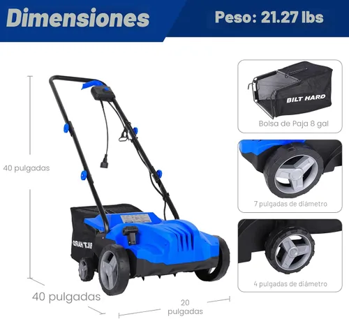 Vista 6 de BILT HARD Desthatchadora Escarificadora Eléctrica, Motor de Cobre de 12 Amperios, Ancho de Rastrillado de 13 Pulgadas, Bolsa de Paja de 8 Galones