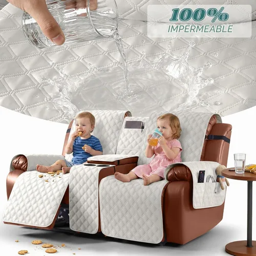 Vista 3 de Ruaozz Funda impermeable para sofá biplaza reclinable con consola, funda antideslizante para sofá reclinable dividido, con correas elásticas Beige