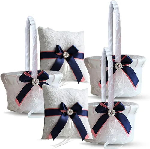 Vista 10 de Juego de almohada y cesta de anillo de marfil Colección de encaje niña de flores y cesta de bienvenida para invitados, cestas de boda hechas a