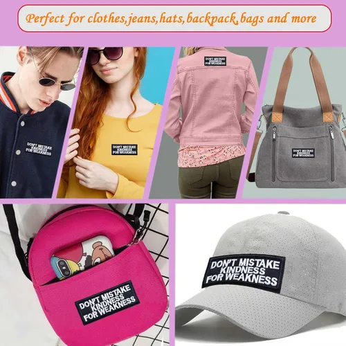 Vista 5 de Parches con texto en inglés "Don't Mistake Kindness for Weakness", con citas bordadas, para planchar para mochilas, sombreros, bolsos, ropa