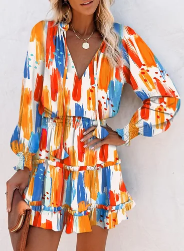 Vista 3 de Dokotoo - Vestidos de verano para mujer, bohemio, floral, con cordón ajustable, cuello en V, manga larga, con fruncido, volantes, escalonado