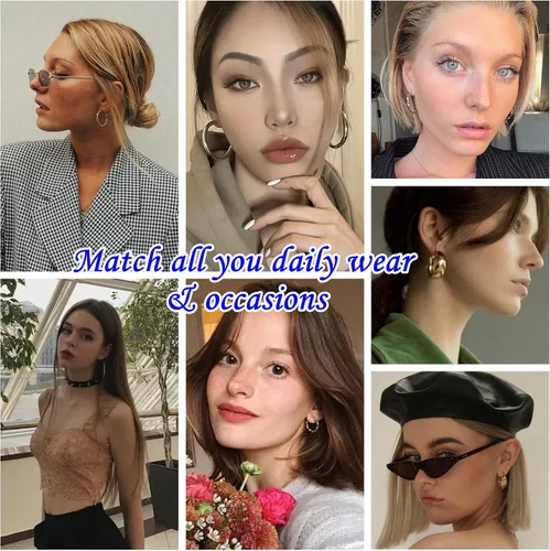 Vista 3 de 36 pares de aretes de aro dorados para mujeres y niñas, paquete múltiple de aretes de aro dorados gruesos, hipoalergénicos grandes y pequeños, juego