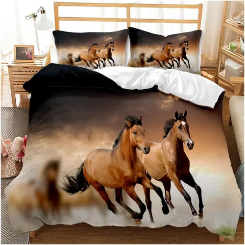 Vista 4 de Juego de ropa de cama 3D de caballo tamaño Queen, funda de edredón de cama/fundas de edredón, ropa de cama, fundas de almohada, textiles