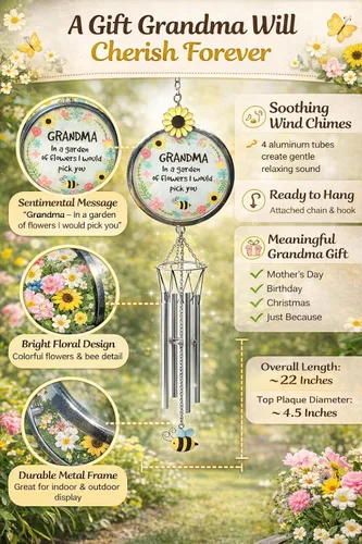 Vista 3 de Carillón de viento para abuela – Grandmother in a Garden of Flowers I'd Pick You – Campanilla de viento floral de abeja de girasol – Regalo colgante