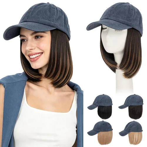 Vista 24 de Hairro Peluca de gorra de béisbol con cabello adjunto, corto estilo Bob ajustable, extensiones de cabello sintético para mujeres, balayage