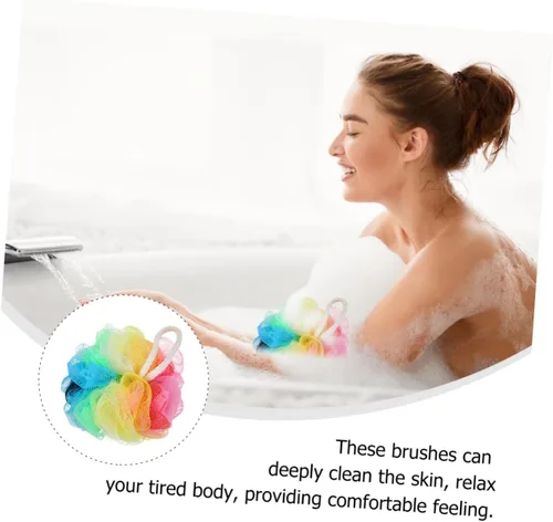 Vista 4 de FOMIYES Esponja de ducha para ducha, esponja de baño, esponja de esponja de baño, bolas de malla de color arcoíris, almohadillas de esponja