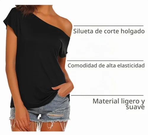 Vista 4 de Halife Camisetas casuales de verano de manga corta con hombros descubiertos Negro