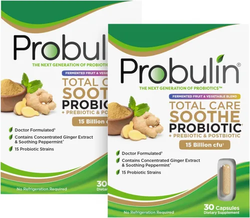 Vista 9 de Probulin Total Care Soothe Prebiótico, probiótico y postbiótico + jengibre y menta para calmar la digestión, 15 mil millones de UFC, 15 cepas, 30