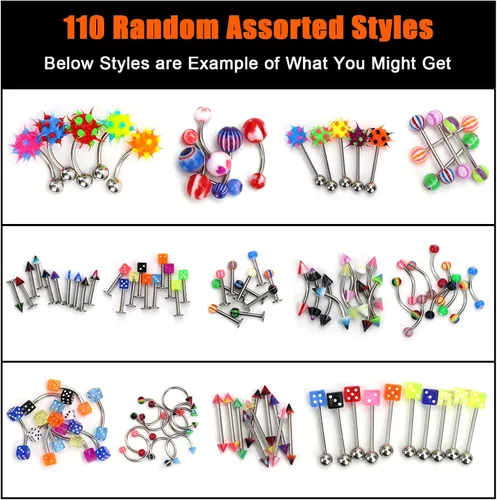 Vista 5 de CrazyPiercing Lote de 110 piercings de joyería para el cuerpo cejas ombligo lengua labio anillo Acero inoxidable
