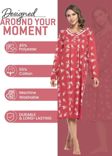 Vista 4 de Casual Nights Vestido de dormir floral de manga larga para mujer, camisón Henley de longitud completa Baya(Berry floral)