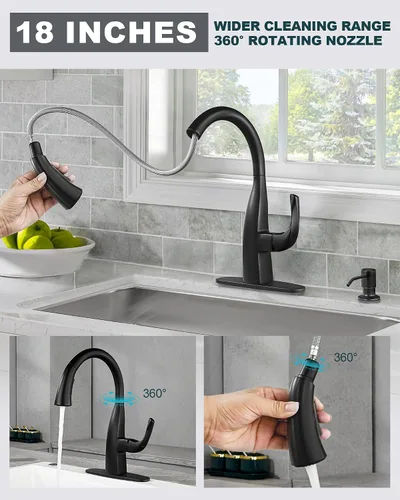 Vista 4 de WOWOW Grifos de cocina con dispensador de jabón, cuello de cisne de una sola manija, grifos de fregadero de cocina negros con rociador, arco alto