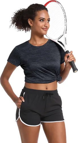 Vista 4 de MAGCOMSEN Camisetas de entrenamiento para mujer, cuello redondo, manga corta, ligeras, suaves, para deportes, fitness, ejercicio, yoga