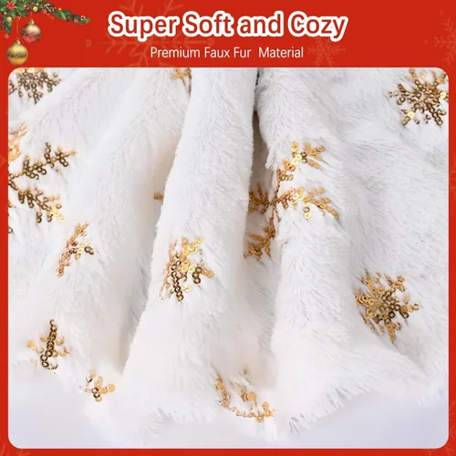 Vista 7 de Faldas de árbol de Navidad de 60 pulgadas, falda de árbol de Navidad de piel sintética blanca con copos de nieve de lentejuelas doradas, faldas