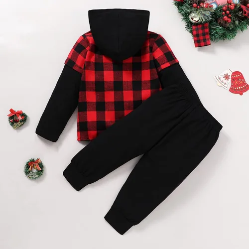 Vista 11 de YOUNGER TREE Conjunto de sudadera con capucha para niños pequeños, conjunto de camisa de franela a cuadros para otoño, invierno y primavera