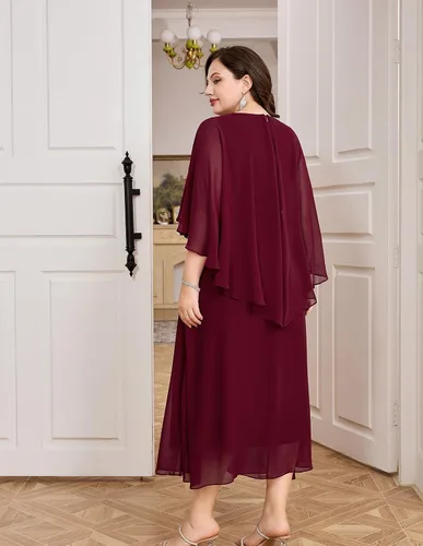 Vista 2 de Hanna Nikole Vestido de fiesta de noche de gasa con cuello en V para mujer, talla grande, manga capa, maxi vestidos para invitados de boda