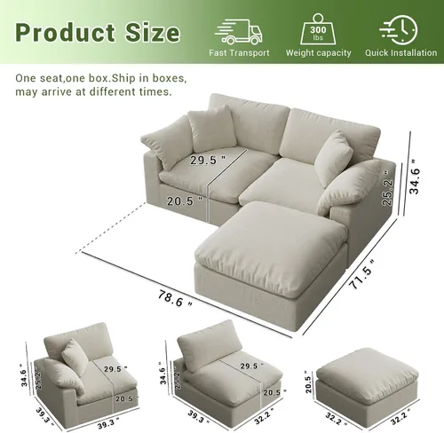 Vista 2 de Cloud Sofá Seccional Modular, Sofá de 2 Asientos con Relleno de Plumón 78.6" Sofá Minimalista, Funda Lavable y Reemplazable Sofás para Sala