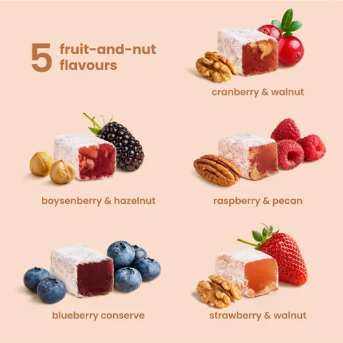 Vista 3 de Liberty Orchards, Berry Delights – Surtido de bocadillos veganos de bayas, sin gluten, nueces Lokum fresa, arándano nuez delicia turca dulces caja