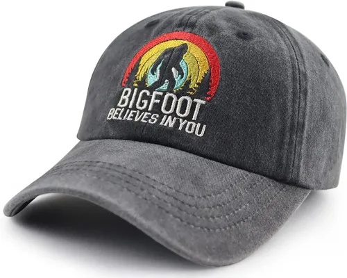 Vista 2 de Bigfoot Believes in You - Gorra de béisbol bordada ajustable de algodón retro de mezclilla con pie grande Sasquatch