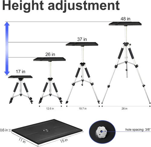 Vista 6 de SKERELL Trípode ajustable para proyector: altura universal de pie para laptop de 17" a 48" con bandeja de cabeza de bola bolsa de transporte