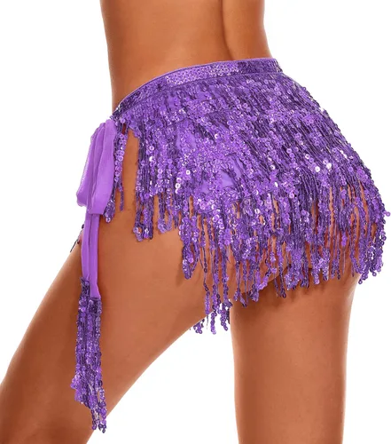 Vista 3 de Belly Dance Skirt Fringe Skirt Sequins Tassel Hip Scarf Rave Party Dance Performance Costume for Women and Girls