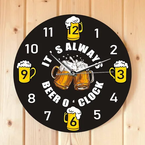 Vista 3 de Reloj de pared de 12 pulgadas con texto en inglés "It's Always Beer O'Clock Drinking Stein", reloj de pared de cuarzo silencioso Mancave Pub Bar