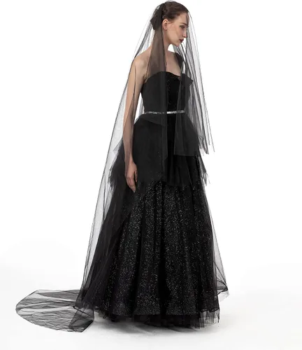 Vista 5 de PAMOR Velo de encaje negro creativo catedral tul transparente boda Halloween velo para novia con peine de metal cosido a mano