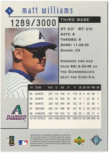 Vista 2 de 1999 Upper Deck Black Diamond Double #4 MATT WILLIAMS /3000 Arizona Diamondbacks Baseball