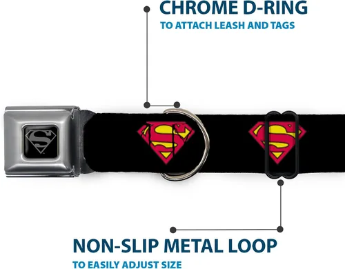Vista 5 de Buckle-Down Collar de perro con hebilla de cinturón de seguridad, Superman Shield negro, 1 pulgada de ancho, se adapta a cuello de 9 a 15 pulgadas