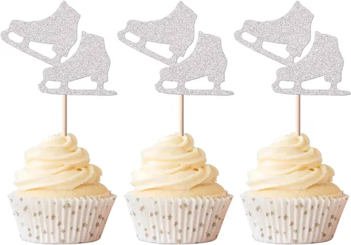 Vista 8 de Rsstarxi Paquete de 24 adornos para cupcakes de patinaje sobre hielo con purpurina para deportes sobre hielo, para temática de patinaje, baby
