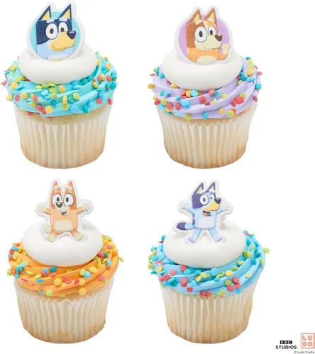 Vista 10 de DecoPac Bluey So Much Fun Anillos, 24 decoraciones para cupcakes con Bluey, Bingo, Bandit y Chilli, 3D seguros para alimentos, paquete de 24