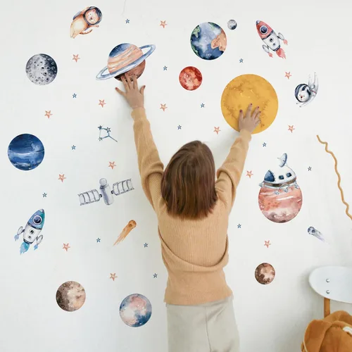 Vista 17 de Lipastick - Calcomanías de pared con temática de planetas y espacio para niños y niñas, calcomanías de vinilo para dormitorio de niños y niñas