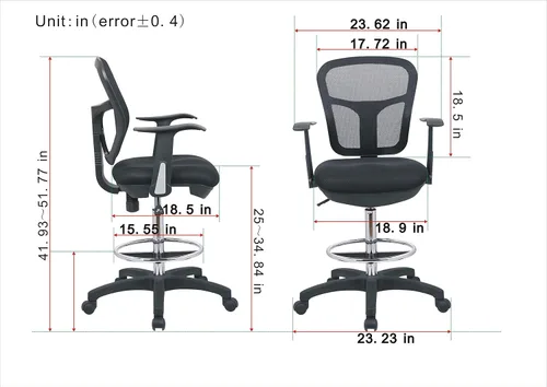 Vista 3 de Silla de dibujo con anillo para el pie, taburete de redacción con respaldo de malla, altura ajustable, brazos extraíbles silla giratoria para Negro
