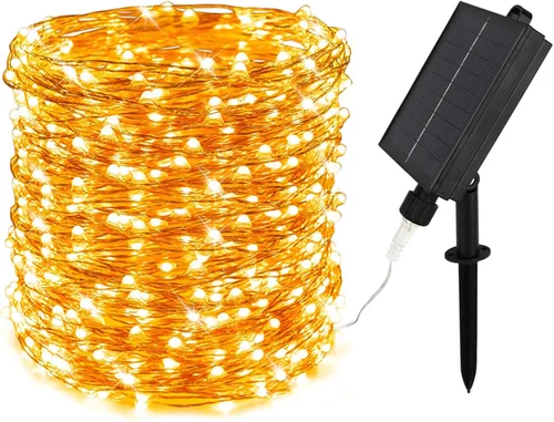 Vista 9 de Cadena de luces solares para exteriores, 100 pies, 300 LED, luces solares de hadas impermeables, botón de 8 modos, cadena de luces solares