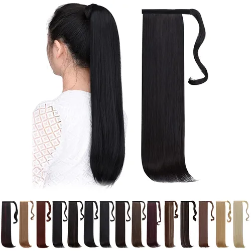 Vista 46 de Extensiones de cola de caballo negras, colas de caballo rizadas con clip, 22 pulgadas, 3.5 onzas, extensión de cabello sintético envolvente del pelo
