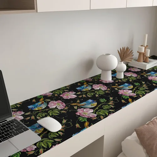 Vista 6 de CHIHUT Papel tapiz bordado de 17.7 x 100 pulgadas, diseño floral de pájaro, color negro, rosa, flores silvestres, azul, Wren, papel tapiz