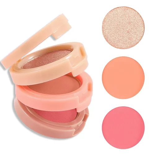 Vista 7 de Boobeen Kit de rubor e iluminador, paleta de polvo prensado de maquillaje 3 en 1, bronceador brillante, rubor mate naranja y rosa, paleta facial