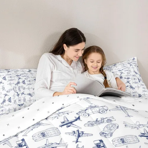 Vista 6 de Feelyou Juego de ropa de cama con estampado de aviones para niños y niñas, juego de funda de edredón de microfibra estilo boceto azul y blanco
