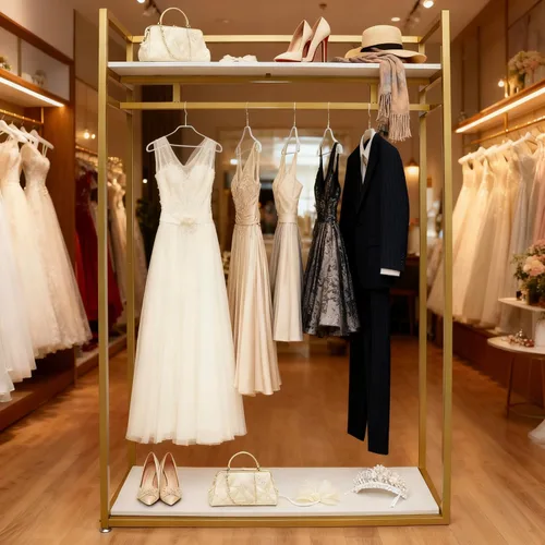 Vista 2 de Estante de ropa de 71 pulgadas con estantes, estante para vestidos de boda, estante de exhibición de ropa al por menor, resistente comercial