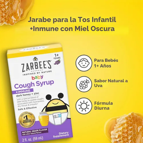 Vista 4 de Jarabe de Miel para la Tos de Bebé Zarbee's + Inmune para Bebés de 12-24 Meses, Jarabe para la Tos Seguro y Eficaz con Miel Oscura Calmante y Zinc